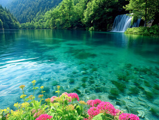 A beautiful waterfall is surrounded by a lush green forest. The water is crystal clear and the flowers are pink. The scene is serene and peaceful