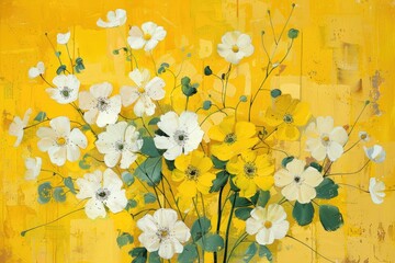 Wall Mural - A painting featuring yellow and white flowers against a yellow backdrop; a central green stem