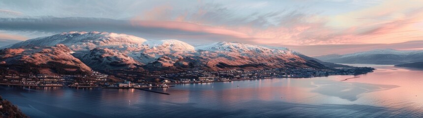 Wall Mural - Aerial view of the highlands, mountain range with snowcapped peaks in sunset.