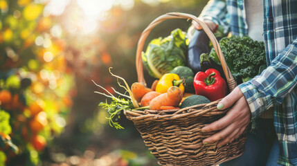 Sticker - A vibrant basket of freshly harvested vegetables is held by a person, illuminated by the gentle rays of the sun setting over the lush garden.