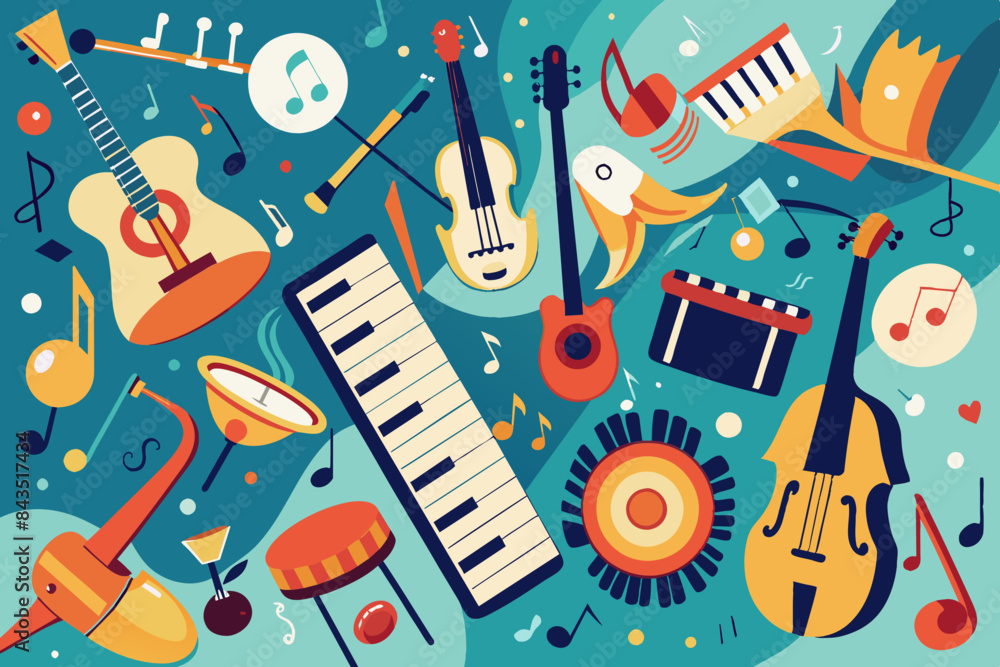 background featuring hand-drawn musical notes and instruments on a ...