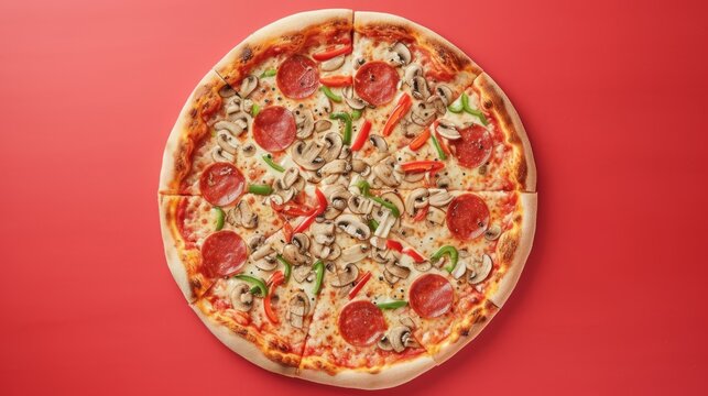 Fresh pizza with various toppings (e.g. pepperoni, mushrooms, peppers) on a minimalistic red background. --no text --ar 16:9 --quality 0.5 Job ID: 97fb8905-1a3a-4a89-85f0-0054503f6f03