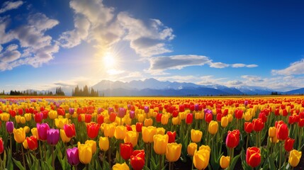 Sunlit Tulip Field with Colorful Flowers