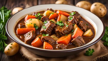 Wall Mural - Delicious beef stew with carrots, parsley and potatoes, closeup
