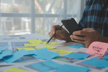 ux Graphic designer creative sketch planning application process development prototype wireframe for web mobile phone . User experience concept.