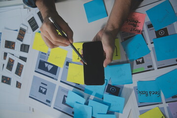 ux Graphic designer creative sketch planning application process development prototype wireframe for web mobile phone . User experience concept.