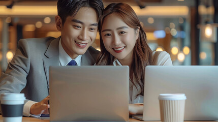 Wall Mural - Young Asian business man and woman are working together as team using laptop computer in an office meeting room. They are looking at the screen and smiling while discussing a project. Generative AI.