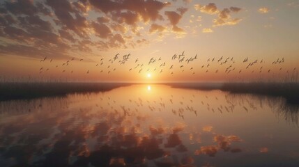 Wall Mural - Birds Flying Over Calm Lake at Sunset