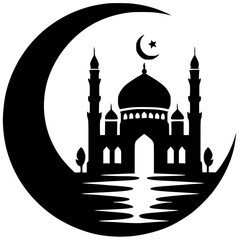 Silhouette of the mosque above the crescent moon