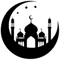 Silhouette of the mosque above the crescent moon