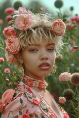 Wall Mural - An intricate portrait of a woman having flowers in her hair, set against a backdrop of rose bushes