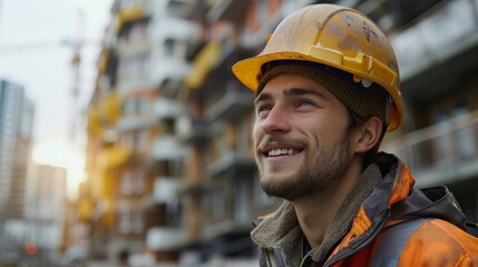 Wall Mural - A young male construction worker smiles. on the background of residential buildings construction. Generative AI.