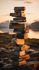 Sticker - a modernist Inukshuk sculpture sitting in front of vast Alaskan mountains during golden hour, imbued with a sense of loneliness and hope