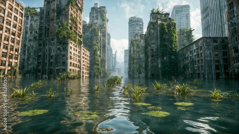 Flooded city, post-apocalyptic cityscape with abandoned, partially ...