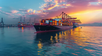 Container cargo ship at industry sea port, import export commerce global business trade logistic and transportation oversea worldwide by container cargo, Freight shipping maritime. Generative AI.