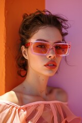 Wall Mural - Portrait of a fashionable woman in a pink environment with stylish eyewear and makeup