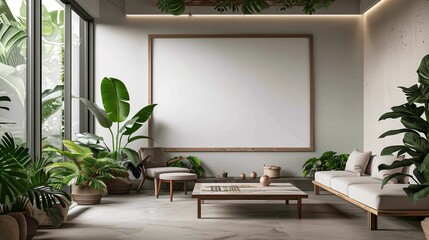 Wall Mural - Interior design room with wall style. Modern decorative frame for picture floor home white poster wooden background canvas template furniture blank concept house image mockup