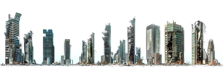 Photorealistic skyscrapers in the destroyed city isolated on a white background. Set of post-apocalyptic skyscrapers in different stages