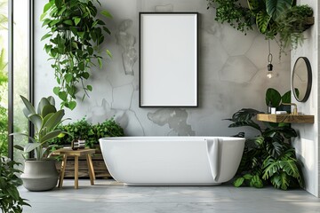 Wall Mural - Modern designer bathroom interior, room with white bathtub. Wall house and indoor home style tub to bathe. Apartment clean, luxury floor with nobody. Contemporary decor, empty