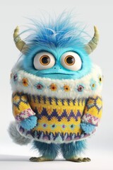 Poster - A cute fashion monster wearing a cozy, fluffy sweater, perfect for winter. The cartoon character is designed in the style of animation studio