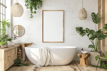 Wall Mural - Modern bathroom design interior, with bathtub in room. White tub on wall, house clean and indoor space. Home floor to bathe, style empty luxury. Decor apartment mock,