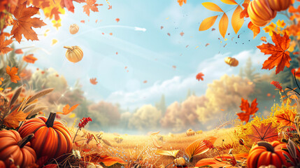 Wall Mural - A festive autumn background for Thanksgiving Day celebration with seasonal decorations and warm colors.