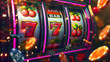© Prasanth - Modern illustration to represent casino slot machine spin machine screen interface, game lightning fruit icons on background, gambling bar symbol cartoon neoteric modern illustration.