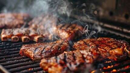 Wall Mural - Smoky hamburger meat grilling for burgers. Fry on an open fire on the grill - bbq.Burgers and sausages Cooking Over Flames On The Grill.