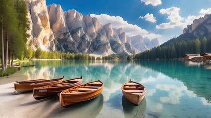 Wall Mural - Serene Lago di Braies Lake in Dolomite Alps, Italy with Traditional Wooden Boats