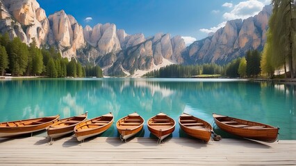 Wall Mural - Serene Lago di Braies Lake in Dolomite Alps, Italy with Traditional Wooden Boats