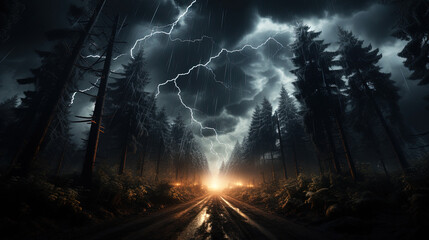 Poster - Forest, Sky, Big Lightning, black and white, Mist, wet, path