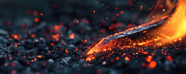 closeup of an iron metal in the process of being manded by a blacksmith, with sparks and orange embers flying around it. With copy space.