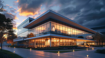 Poster - Exterior elevation of commercial building in the evening. Generative AI.