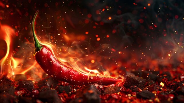 Red chili pepper in flames on hot coals - A fiery red chili pepper lies amongst glowing embers, symbolizing heat and spiciness with dramatic lighting and sparks