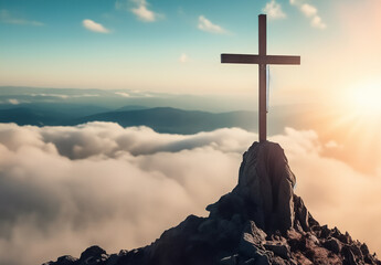 Wall Mural - Wooden cross on the top of the mountain with clouds on the background