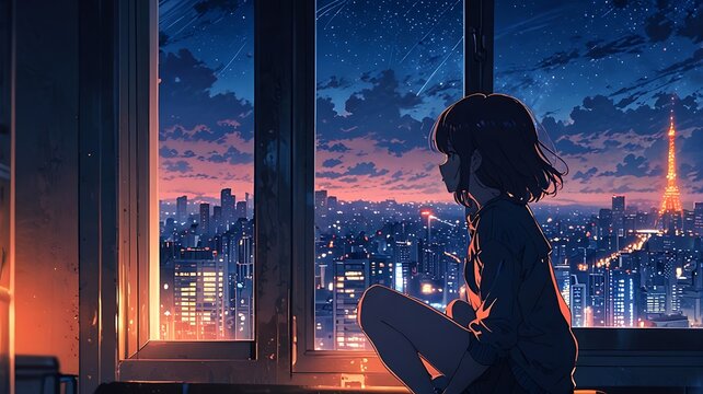 Lonely girl standing by the window with city night view from top, anime style illustration wallpaper
