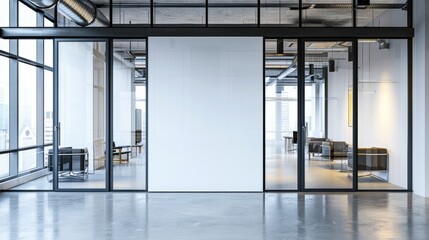 Wall Mural - A white wall mockup in an office with glass doors and black furniture, in an industrial style interior design with natural light from windows,