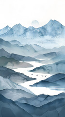 Wall Mural - Watercolor minimalist mountains Scandinavian landscape art poster