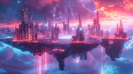 Wall Mural - futuristic city in the clouds. 3d render illustration.