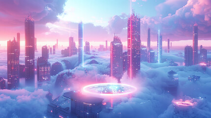 Wall Mural - Futuristic city in the clouds. 3D rendering. Virtual reality.
