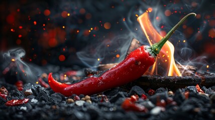 Wall Mural - Chili pepper with flames on burning charcoal - An artistic shot of a chili pepper on a fiery bed of smoldering charcoal and wood, representing heat and spice