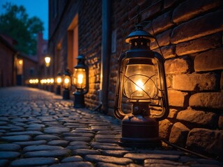 Poster - The gentle flicker of gas lamps illuminates the rustic beauty of a cobblestone pathway, inviting peaceful strolls under the night sky.