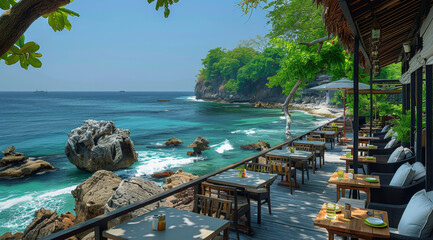 Wall Mural - An open-air coffee shop on the edge of an ocean cliff overlooking nature, with trees and rocks in the style of a tropical rain forest, blue sea view, black wooden furniture. Generative AI.