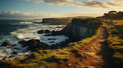 Sticker - coastal cliffs bathed in golden sunlight, overlooking a sparkling sea 