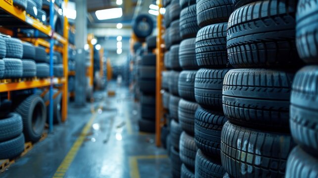 Tires piled up in a factory storage area. Managing Industrial Waste, Recycling Practices, Synthetic Rubber Production, Tire Manufacturing Technology. Generative AI.