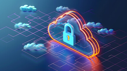 Wall Mural - abstract illustration of cloud security services, stylized cloud icon integrated with a secure padlo