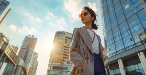 Canvas Print - A woman walking in the city and wearing smart style clothes. Generative AI.