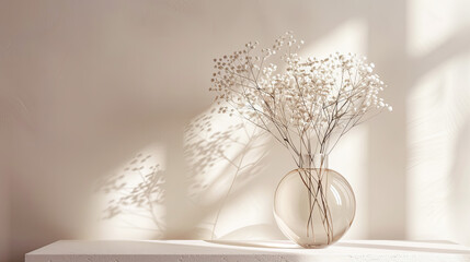 Wall Mural - White gypsophila flowers in a vase on a white shelf