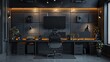 © visoot - A wall for a graphic designer's room and an audio commentator with lighting in black and dark gray shades, with a table and simple decor, and a microphone. Generative AI.