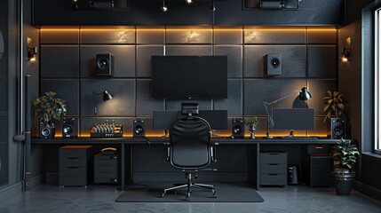 A wall for a graphic designer's room and an audio commentator with lighting in black and dark gray shades, with a table and simple decor, and a microphone. Generative AI.